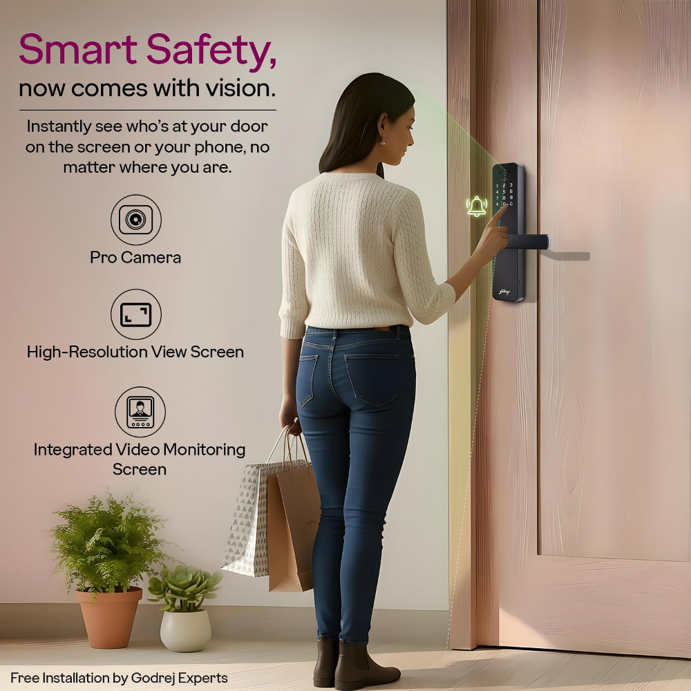 Godrej Smart Lock | Neo Pro View Digital Lock for Wooden Doors with Camera, View Screen, Wi-fi | Mobile App | Built-in Doorbell I 7 in 1 Access I 3 Yr Warranty I Free Installation